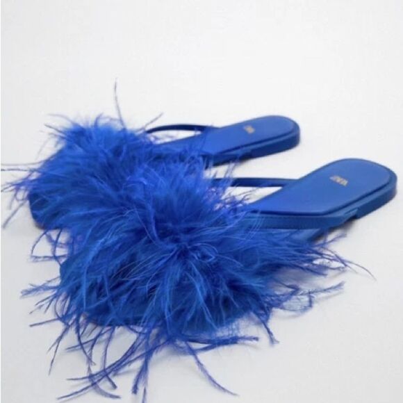 Zara Electric Blue Goat Leather Feather Sandals - Picture 4 of 9
